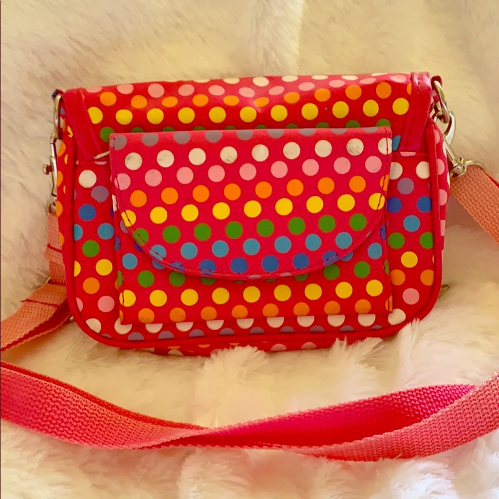 Rainbow polkadot purse—lots of pockets!